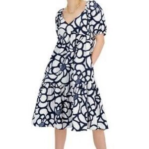 INC International Concepts Blue and White Puff Sleeve A-line Midi Dress